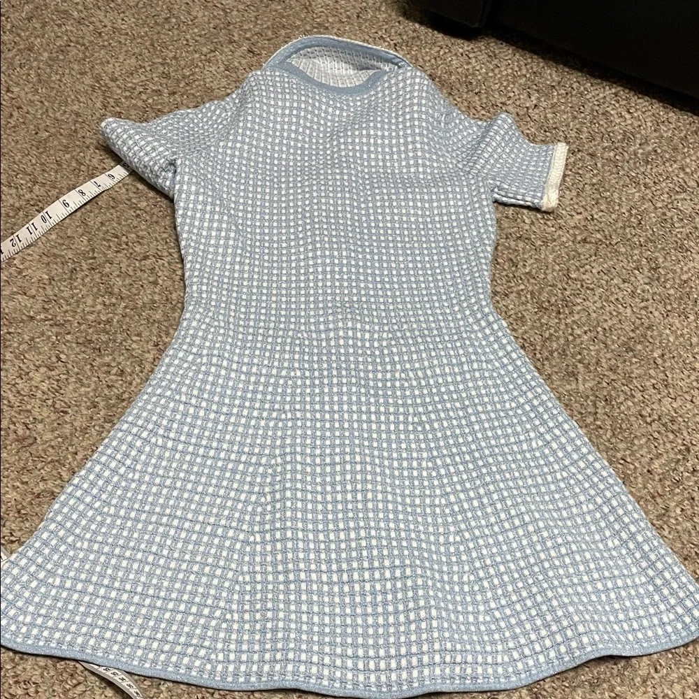 Blue and White check knit boucle ultra stretchy Dress with pearl/diamond buttons - Picture 10 of 10